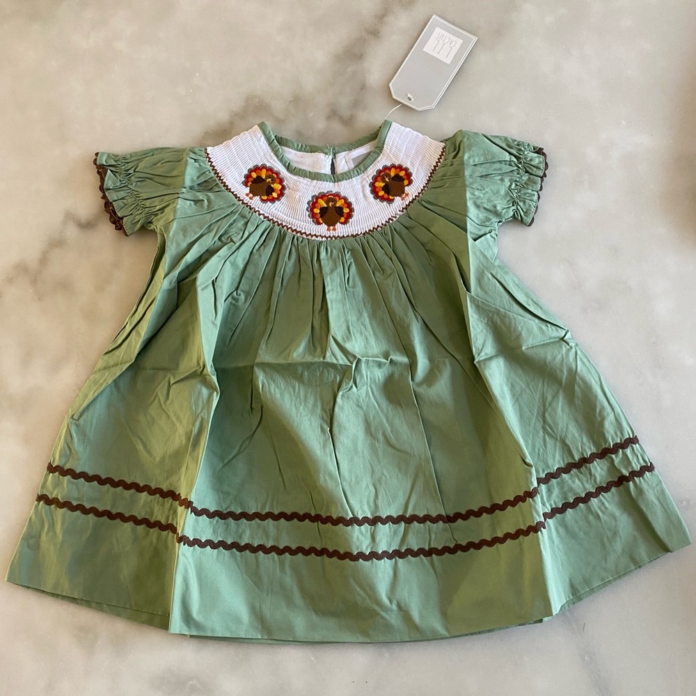 New! Baby girl Lil Cactus Smocked Turkey Dress green thanksgiving November